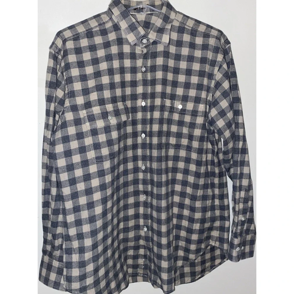 J‎ McLaughlin Flannel Shirt Gray Check 100% Cotton Mens L Gorpcore Bloke Grampa